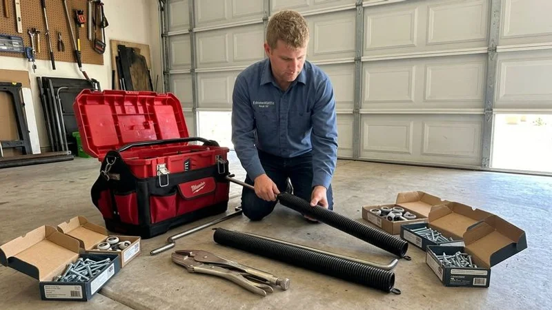 Garage door spring replacement tools and new springs ready for installation